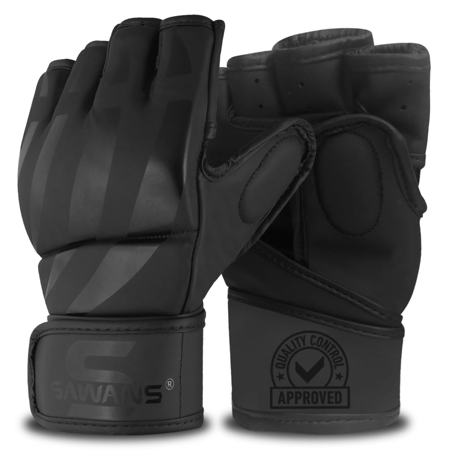 SAWANS MMA Gloves Boxing Training Sparring Fight Grappling Mitts Martial Arts Open Palm faux leather for Kickboxing Punching Bag Muay Thai Cage Fighting (Black, M)