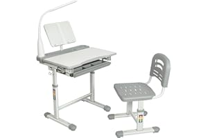 Diroan Kids Functional Desk and Chair Set, Height Adjustable Children School Study Desk with Tilt Desktop, Bookstand, LED Light, Metal Hook and Storage Drawer for Boys Girls, Grey