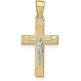 Real Gold Crucifix Cross Pendant for Men and Women in Yellow Gold with Rhodium Finish Featuring Silver Christ Figure Textured Latin Design Religious Spiritual Jewelry High Polish and Fine Detail