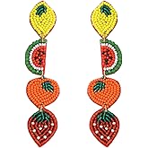 Beaded Fruit Long Dangle Earrings for Women, Handemade Beads Lemon Watermelon Orange Strawberry Charms Earring, Lightweight Bohemian Jewelry Gift for Teens Summer Party