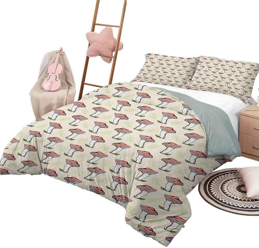 Mushroom Washed Microfiber 3 Piece Bedding Sets Bedding 3-Piece Full Bed Sheets Set, Vintage Hand Drawn Style Forest Mushrooms Falling Leaves Tasty Vegan Food Warm Bedding Coral Green Cream