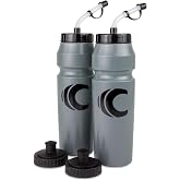 Cannon Sports 1 Liter Sports Water Bottles, BPA-Free, 2-Pack (Gray) | 34 oz Capacity, Large Mouth, 2 Lids per Bottle (Long Straw &amp; Squeeze), Helmet-Friendly, Hockey, Lacrosse, Football &amp; Boxing