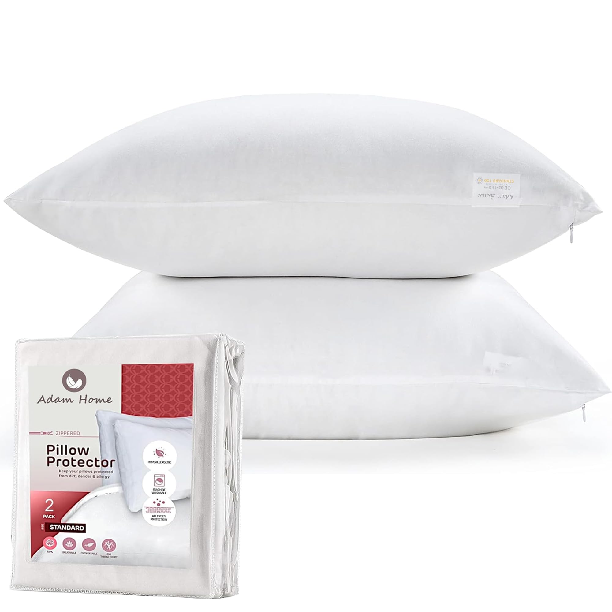 Adam Home 100% Brushed Microfiber Pillow Protectors (2 Pack, Standard Size 50 * 75 cm) Zipped Cover Case Anti Allergy, Anti Bacterial Soft White Pillow Cases