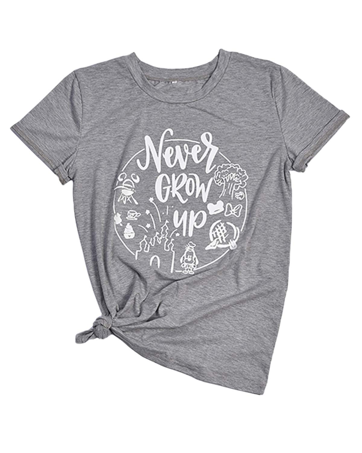 LeMarnia Graphic Tees for Women, Teen Girls Crewneck Never Grow Up Disney Shirt Short Sleeve Letter Print T-Shirts Cotton Knit Casual Tops Grey XL