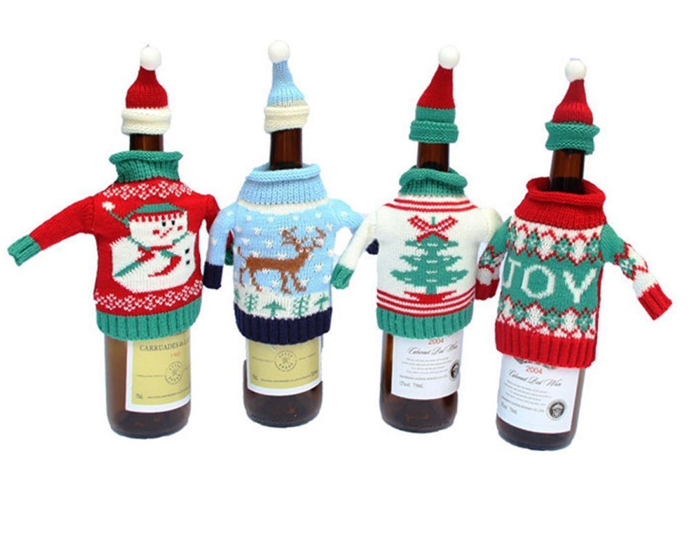 [4 Pack] Starworld Christmas Wine Bottle Covers and Hats Kit with Knitted Sweater Set