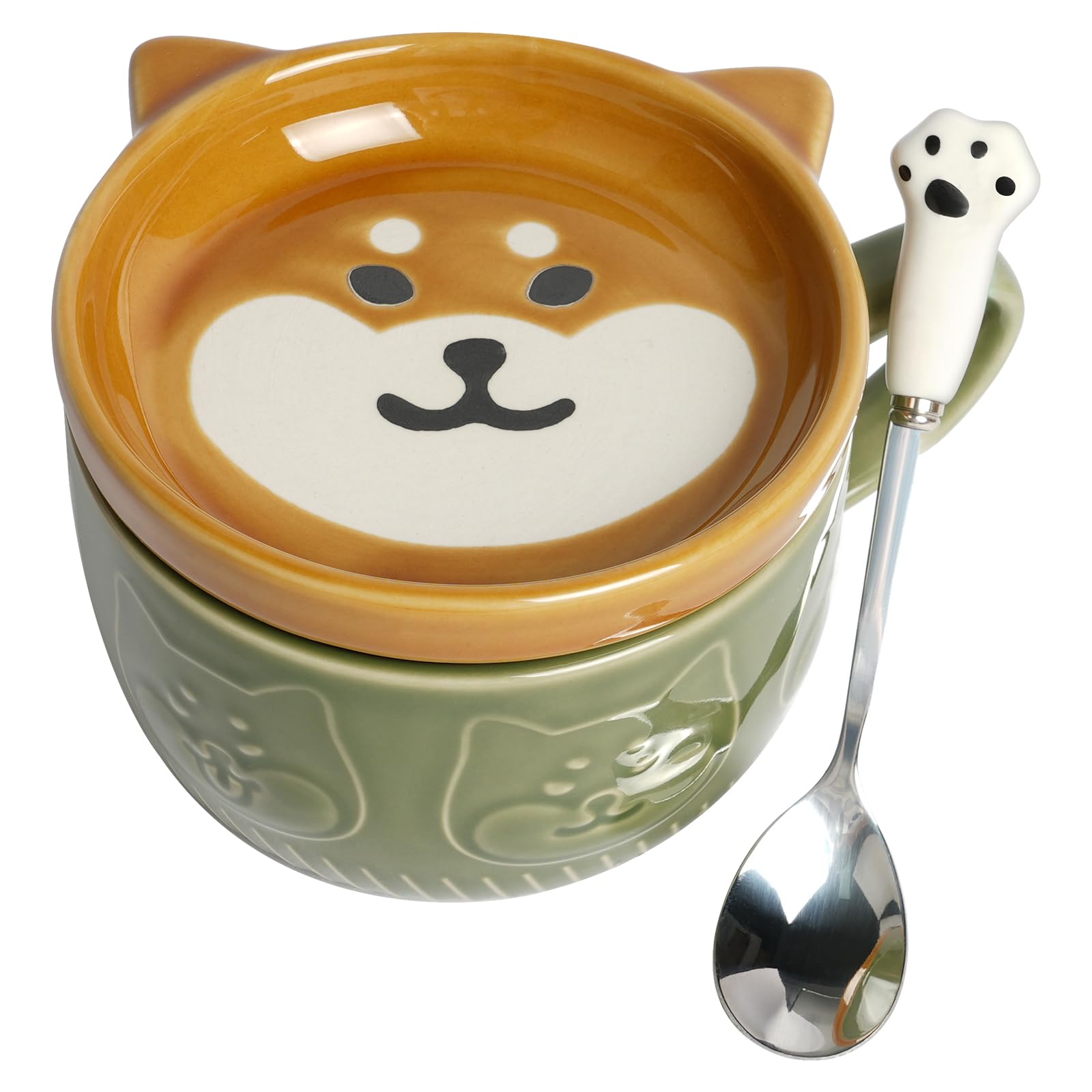HOTUT Cute Dog Mug with Lid, Cute Animal Coffee Tea Cup Saucer Set, Kawaii Ceramic Mugs with Biscuit Holder and Spoon, Funny Novelty Dog Breakfast Mugs for Girls Friend Kids Men Wife Mum - Green