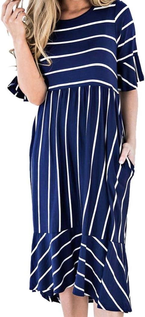 TATGB Women's Striated Print Pocket Short Sleeve Summer Petal Skirt Loose Dress