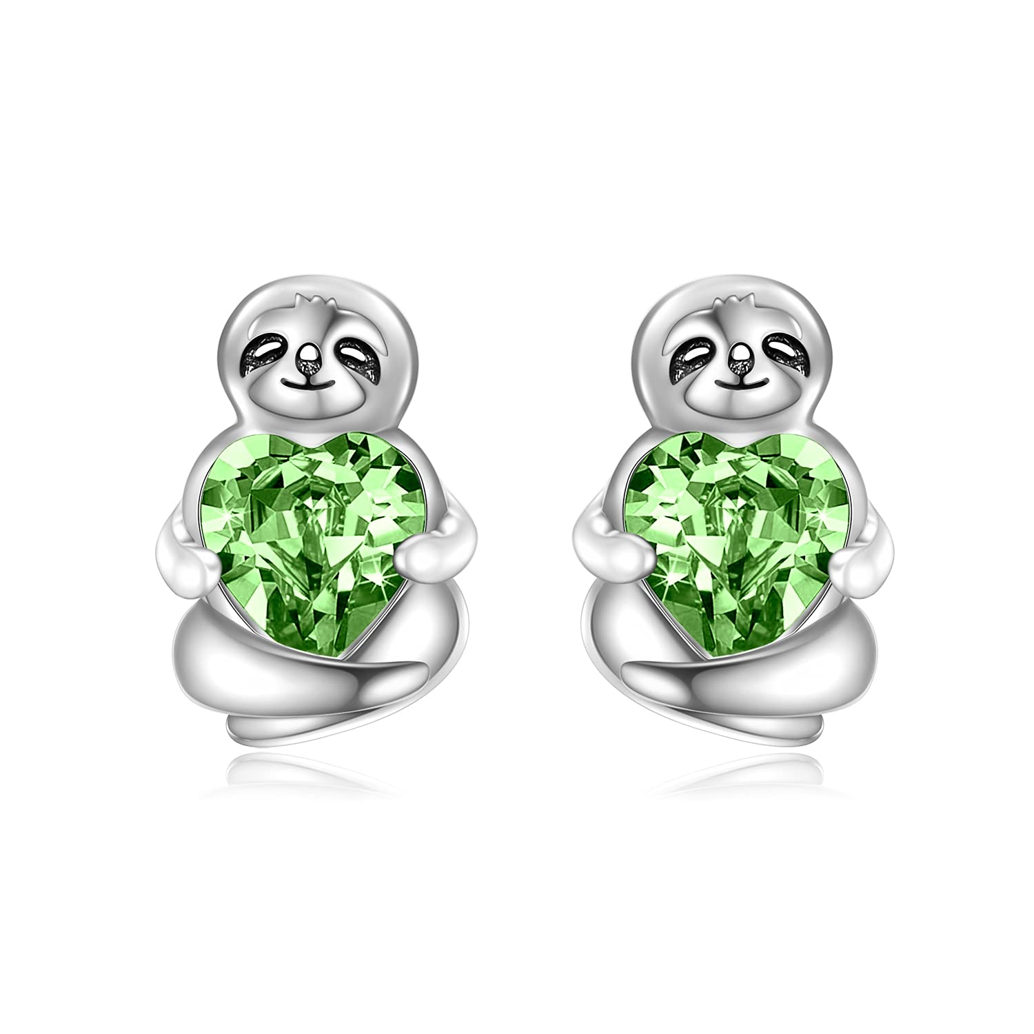 Sterling Silver Sloth Stud Earrings with Heart Crystals, Birthday Sloth Gifts for Women Girls Her (Green)