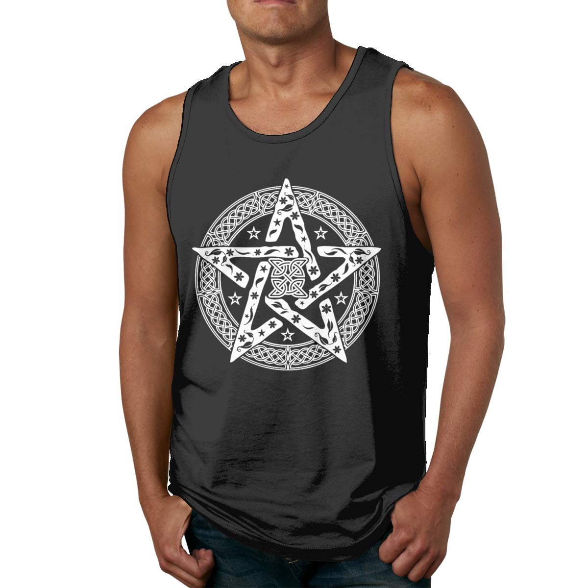 Wiccan Celtic Knot Pentagram With Floral Pattern Classic Sleeveless Tank Black T Shirt