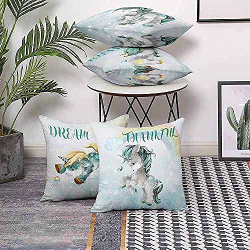 Throw Pillow Covers,Teal Unicorn Pillowcase,Decorative Pillows,Outdoor Pillow Covers, Pillow Covers 18x18,Throw Pillows,Couch Pillows,Unicorn Pillows,Unicorn Decor for Girls Room,Bed Gifts Set of 4