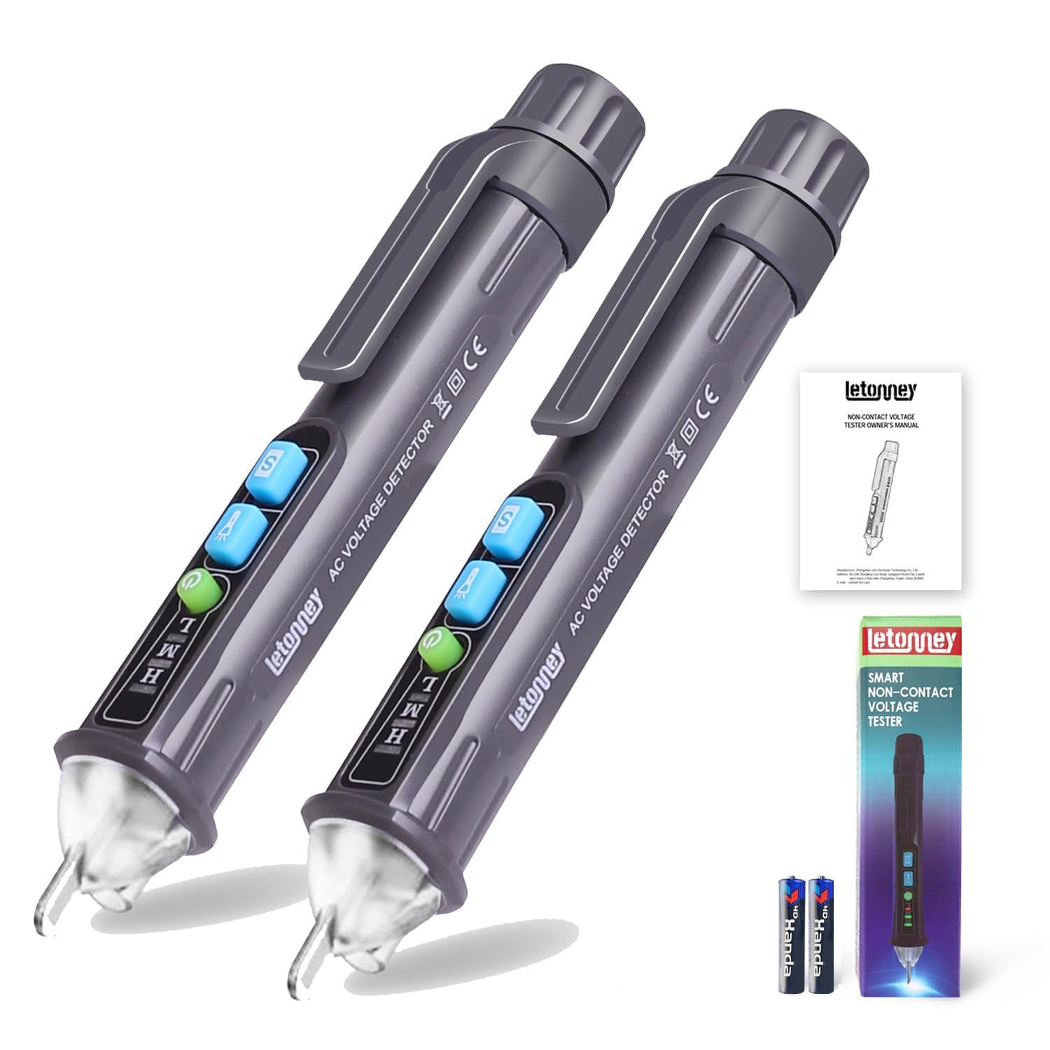 LETONNEY 電圧試験器ペン型 検電テスター AC12V~1000V/48V~1000V感度調節検電ドライバー 非接触電圧検出器 チェッカー 誘導線断線検電器検知器 ブザーアラーム LEDライト (2PCSグレー) の商品画像