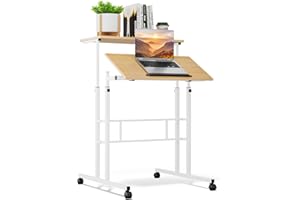 Athena Collection Height Adjustable Rolling Desk Mobile Portable Laptop Stand Cart Small Sit Standing Desk Computer Table Workstation for Home Office, Natural