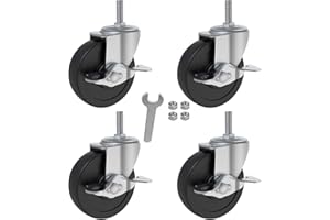 AAGUT Brake Stem Casters Wheel 3/8"-16x1", 3 inch Locking Swivel Rubber Castor Wheels Replacement For Carts, Furniture, Dolly, Workbench, Trolley 4 Pack