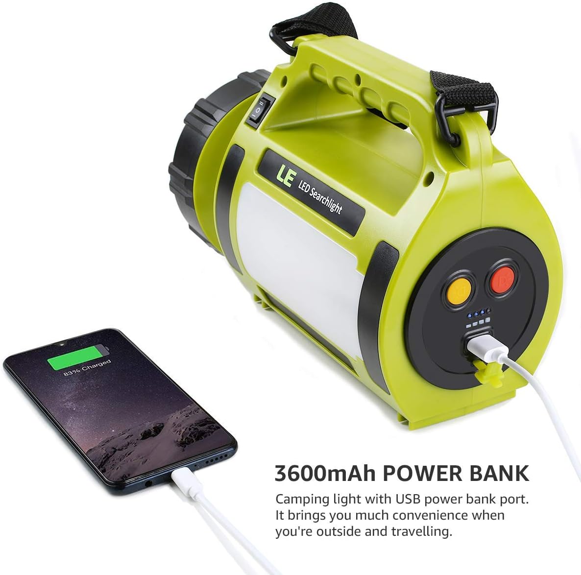 LE Rechargeable LED Camping Lantern, 1000LM, 5 Light Modes, 3600mAh Power Bank, IPX4 Waterproof, Perfect Lantern Flashlight for Hurricane Emergency, Hiking, Home and More, USB Cable Included: Sports & Outdoors