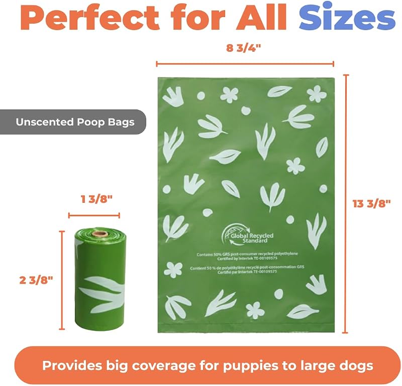 Sacos para cocó de cão, 50% de conteúdo reciclado pós-consumo, sacos de lixo para cães em rolos, cabe para todos os suportes de sacos para fezes