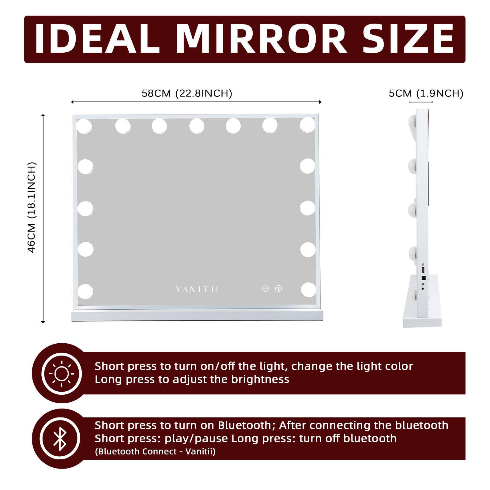 VANITII Vanity Hollywood Mirror with Lights Speaker USB Charging Lighted Makeup Mirror with Bulbs 3 Lighting Modes and Desktop Light up Mirror for Bedroom Dressing Room