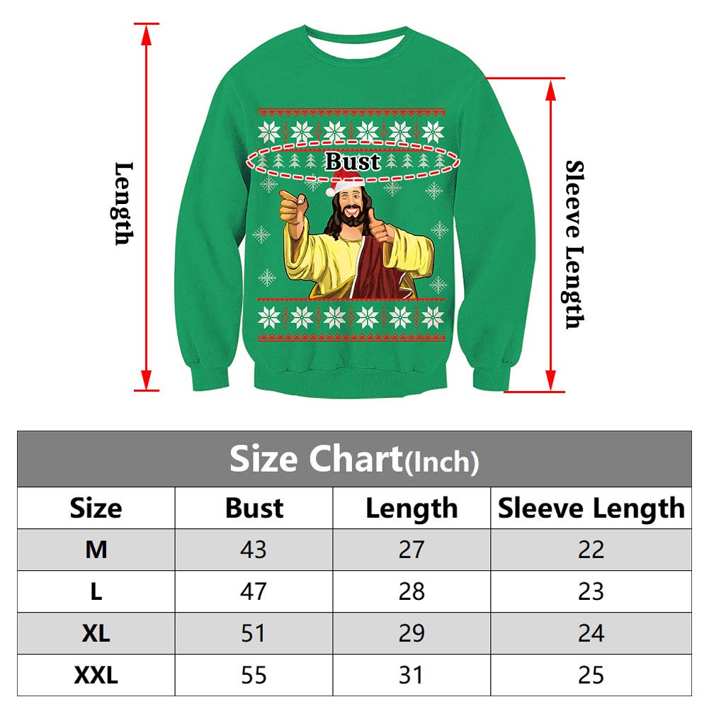 SKYRAINBOW Women Men Ugly Yas Santa Sweater Funny 3D Christmas Sweatshirt Printed Crew Neck Jumper Long Sleeve Thick Pullover for Party Outdoor L,Green