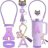 ZYBIDEAL Purple Accessories Set for Stanley Cup, 0.4" Straw Topper, Silicone Water Bottle Handle, Boot for Stanley 30&40 Oz, Letter Charm Chain, Sticker Initial (Letter A, Purple)