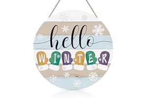 CHDITB Hello Welcome Winter Door Sign Decoration(12"x12"), Round Colourful New Year Wall Hanging Decor with Snowflake Gloves Mitten, Rustic Christmas Holiday Door Hanger for Front Porch Farmhouse