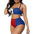 GLUDEAR Women Haitian Flag Print High Waisted Bikini Set Two Piece Tummy Control Vintage Swimsuit Halter Bathing Suit