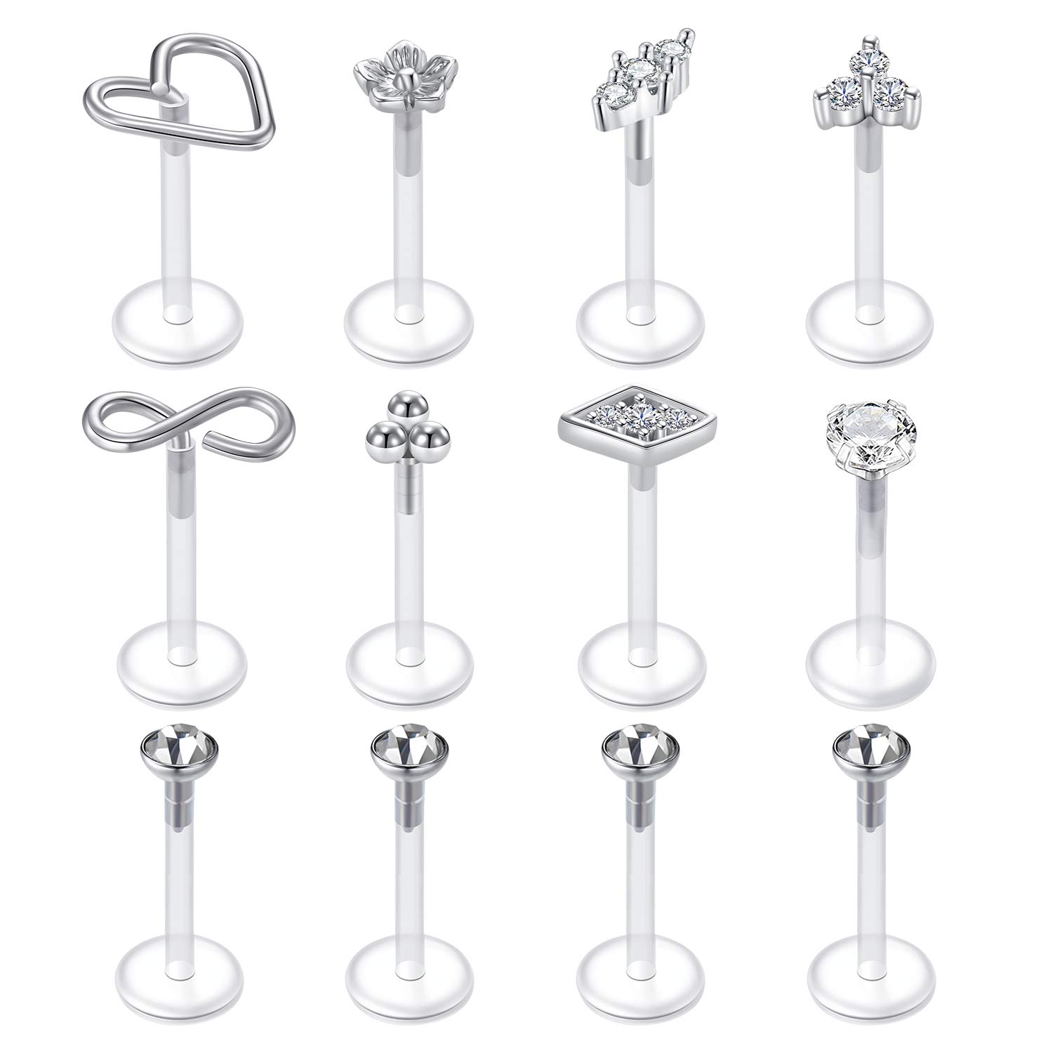 Crdifu 12pcs Bioflex Lip Bars Labret Tragus Helix Cartilage Earring Studs Retainers Flexible Plastic 16G 6/8/10mm