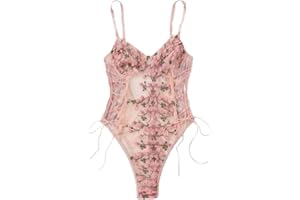 Lilosy Women Sexy Lace Up Floral Embroidered Teddy Lingerie Bodysuit Top Mesh Sheer One Piece