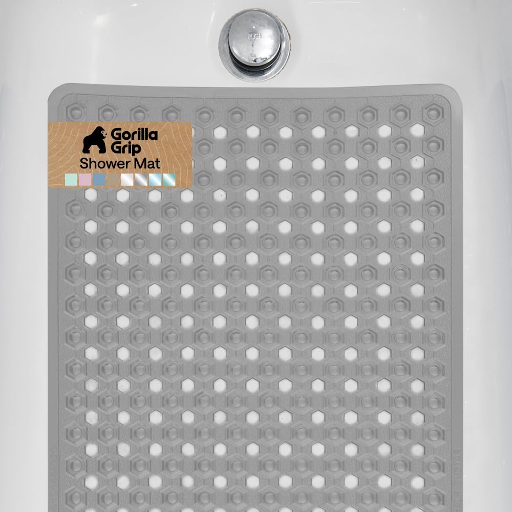 GORILLA GRIP Patented Bath Tub Shower Mat, Machine Washable Bathtub Floor Liner Mats, Suction Cups and Drain Holes to Keep Tubs Clean, Soft on Feet, Bathroom Essentials, 35x16 Inch, Gray Opaque