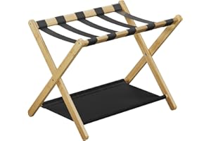 Semiocthome Luggage Rack for Guest Room, Folding Suitcase Stand with Shoe Shelf, Heavy Duty Luggage Stand for Bedroom, Hotel, Travel, Natural Bamboo