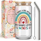 Best Teacher Appreciation Gifts for Women,Friend,Sister,Teacher Gifts for Christmas Birthday,Thank You Teachers Glass Coffee Cup with Lids and Straws,It Takes Big Heart to Shape Little Minds-114