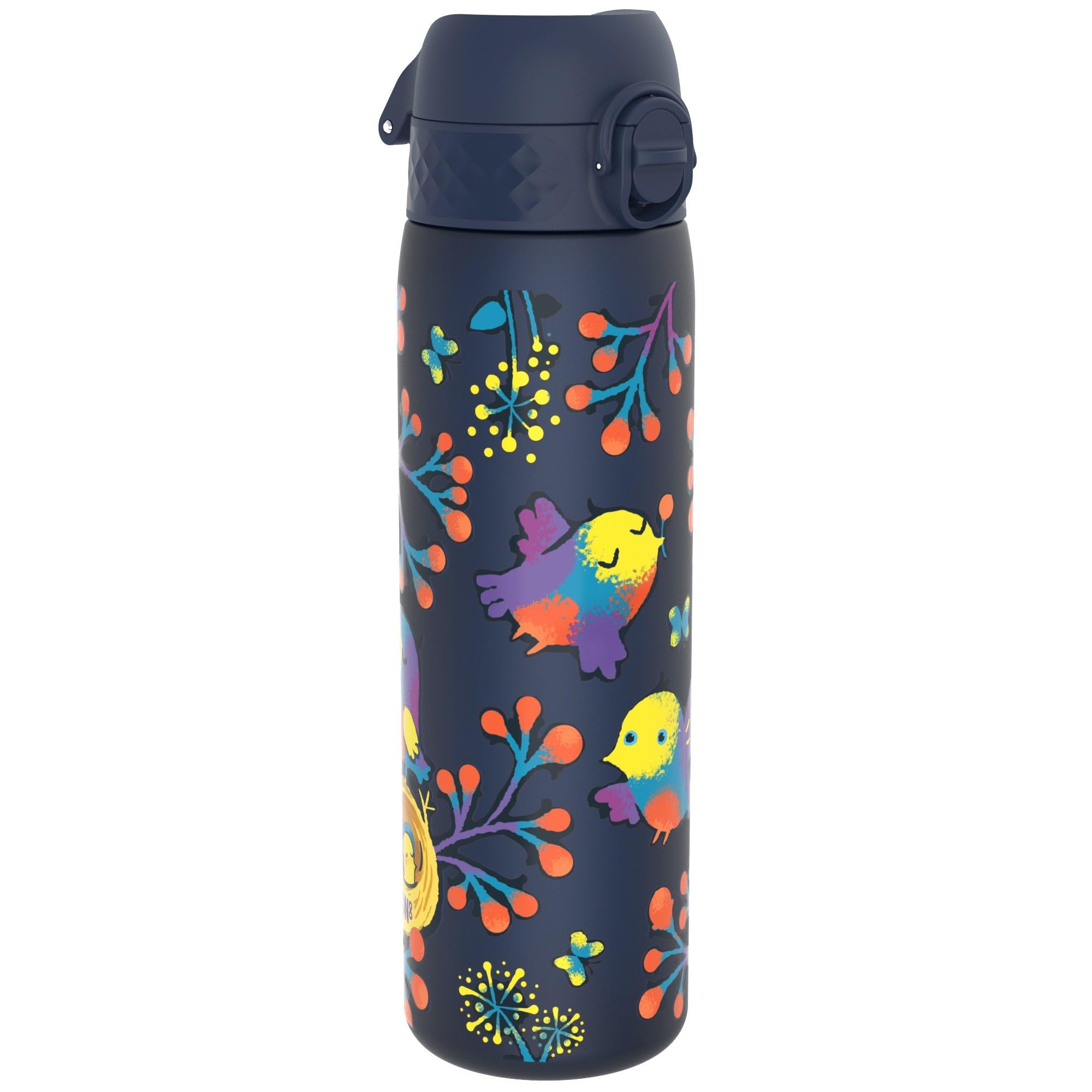 Ion8 Water Bottle, 500ml/18oz, Slim Leak Proof & BPA-Free Drinking Bottle, Secure Lock Prevents Spills, Dishwasher Safe, Carry Handle, Ideal for Adults & Kids - Travel, Gym & School, Navy Blue, Birds