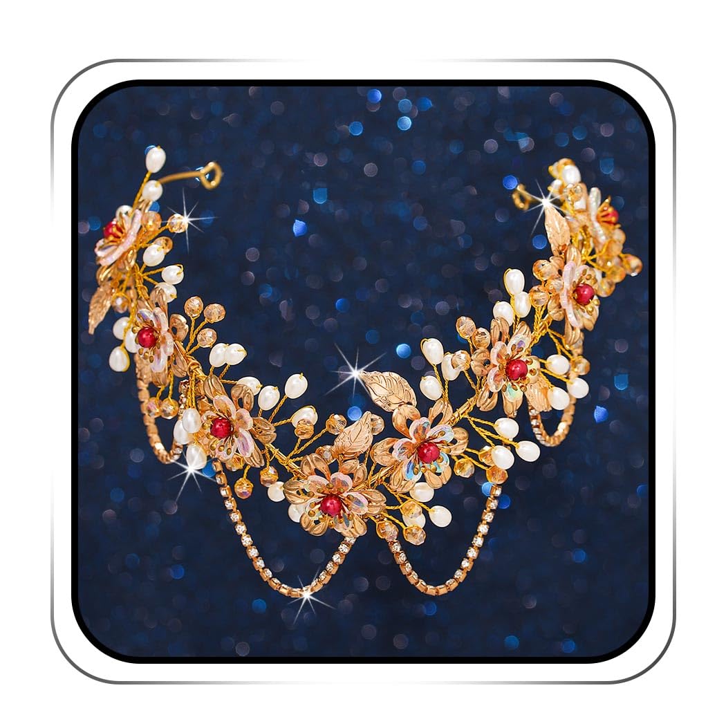 IYOU Crystal Fairy Headband Gold Flower Elf Headpiece Crown Cosplay Costume Bridal Hair Accessories for Women