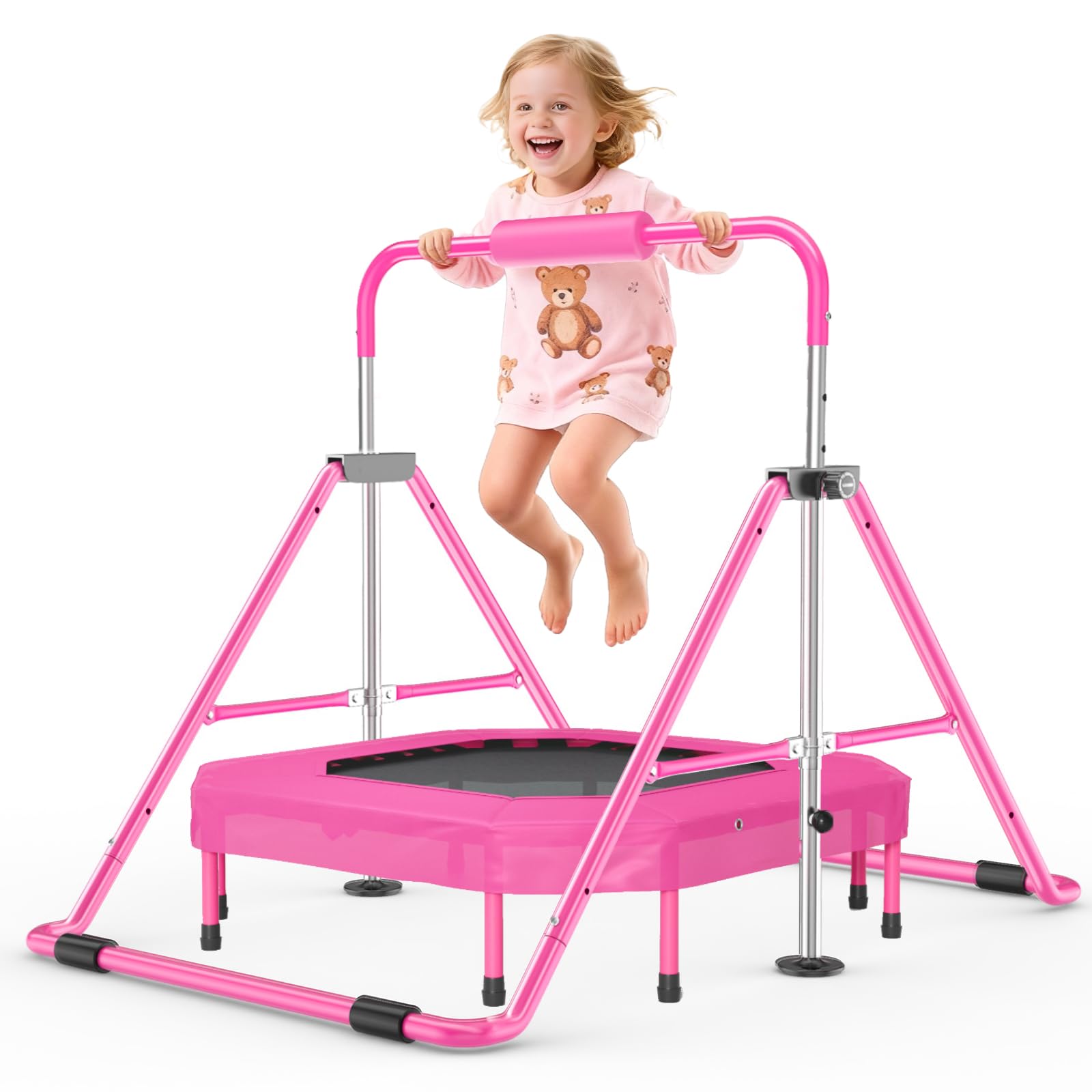 Safly Fun Gymnastics Bar with Trampoline for Kids 3-9, Foldable & Adjustable 35"-51", Supports 140Lbs with Pad, Easy to Assemble, Gymnastics Equipment for Indoor/Outdoor Training Image
