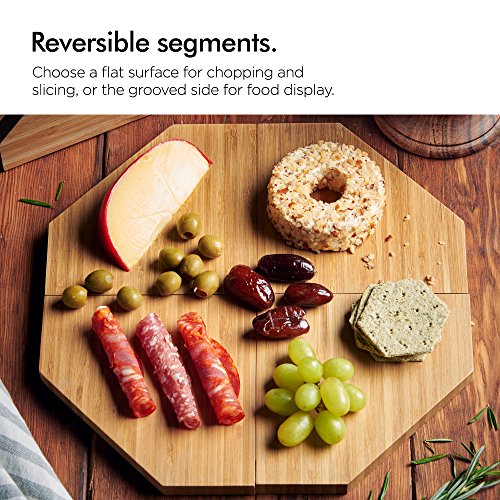 VonShef Jigsaw Platter Cheese Board with Display Stand, Natural Bamboo Wooden Charcuterie and Meat Serving Boards, 4 Connecting Coaster Plates Included, H6 X W6 X D0.5 Inches