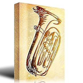 Hand Drawn Trumpet Over a Yellow Textured Background - Canvas Art Home Art - 12x18 inches