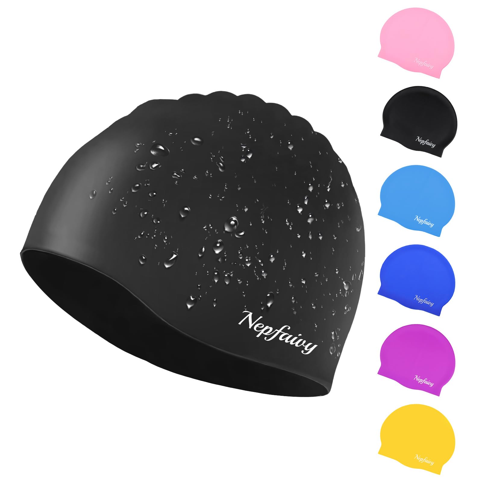 Nepfaivy Kids Swimming Cap Waterproof - Updated Size Silicone Swimming Hat Kids, Comfortable Anti Slip Boys and Girls Swimming Cap, Stretchable and Durable Swim Cap for Children 6-14 Years (Black)