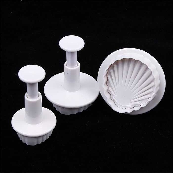 FVVMEED 3 PCS Cute Shell Shape Biscuit Cutters Plastic Cookie Stamps Plunger Cutter Fondant Molds Embossing Spring Mold Printed Presses Mooncake Cupcake Gum Paste Sugar Craft Decorating Baking Tool