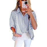 Women 2025 Summer Stripe Dolman Sleeve V Neck Oversize Shirt Tops Casual Button Up Short Sleeve Striped Blouse