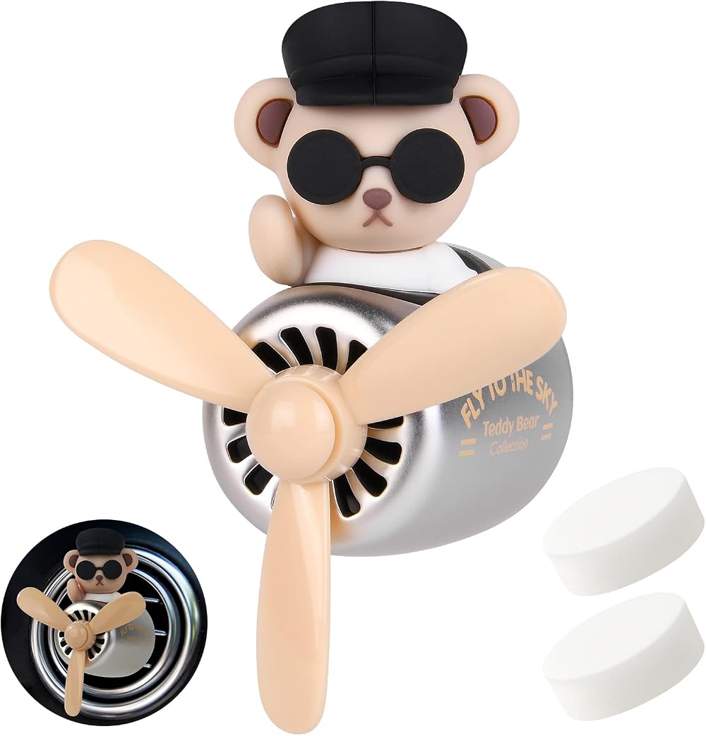 URAQT Bear Pilot Retro Air Freshener Vent Clip with 2 Fragrance Tablets Brown