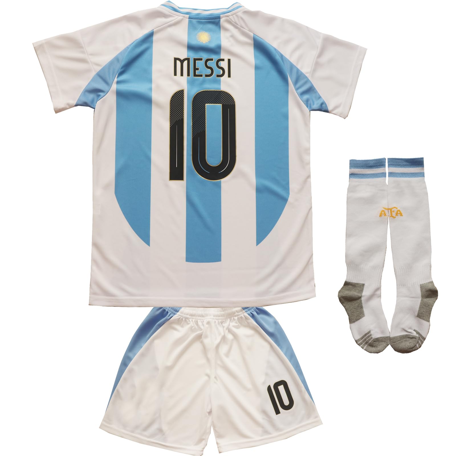 Photo 1 of Think N Thrill 2024 Argentina #10 Leo. Copa-America Home Kids Football Soccer Jersey/Shorts/Socks Kit Youth Sizes (White/Blue, 30)
