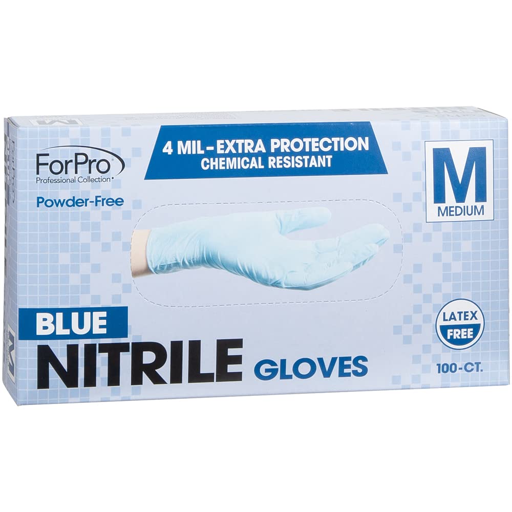 ForPro Professional Collection Disposable Nitrile Gloves, Chemical Resistant, Powder-Free, Latex-Free, Non-Sterile, Food Safe, 4 Mil, Blue, Medium, 100-Count