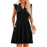 LUXVEER Womens Summer Casual Mini Dress Ruffle Sleeve V Neck Boho Sundress Flowy Babydoll Tiered Short Beach Vacation Dresses