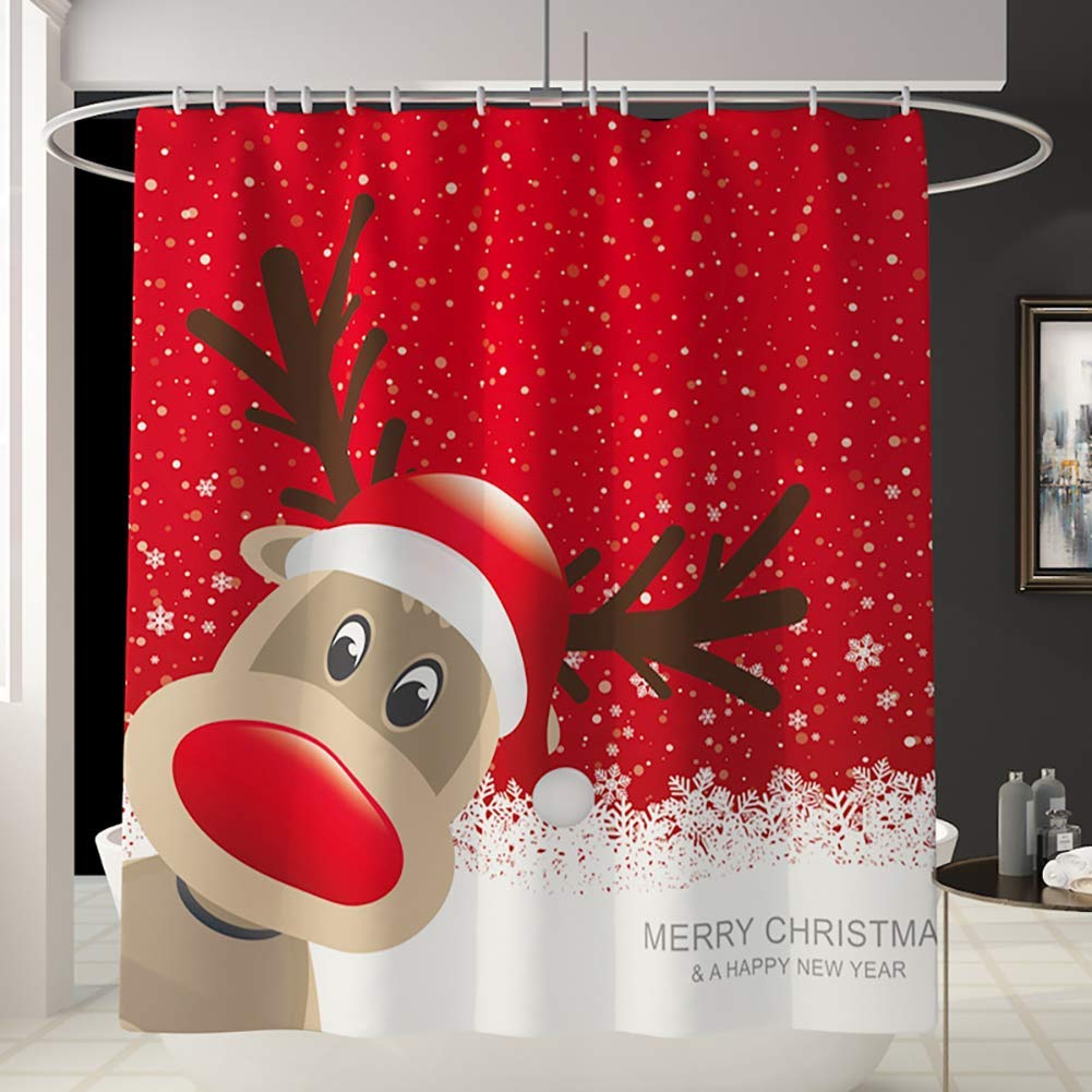 JameStyle26 Weichtsmann Shower Curtain Christmas Tree Snowman Xmas Christmas Tree Curtain Digital Print Including Curtain Rings Anti Mould Bathroom Bath Washable (180 x 200 cm, Rudolph)