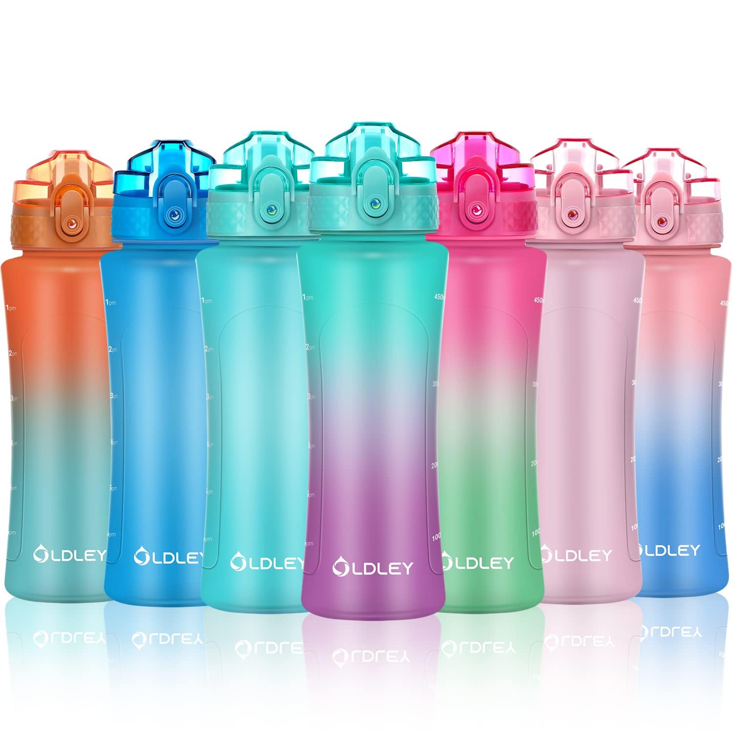 OLDLEY 450ml/15oz Water Bottle with Straw Reusable Drink Bottles with Times Markings for School Home Camping Outdoor Sports BPA Free Leakproof Durable