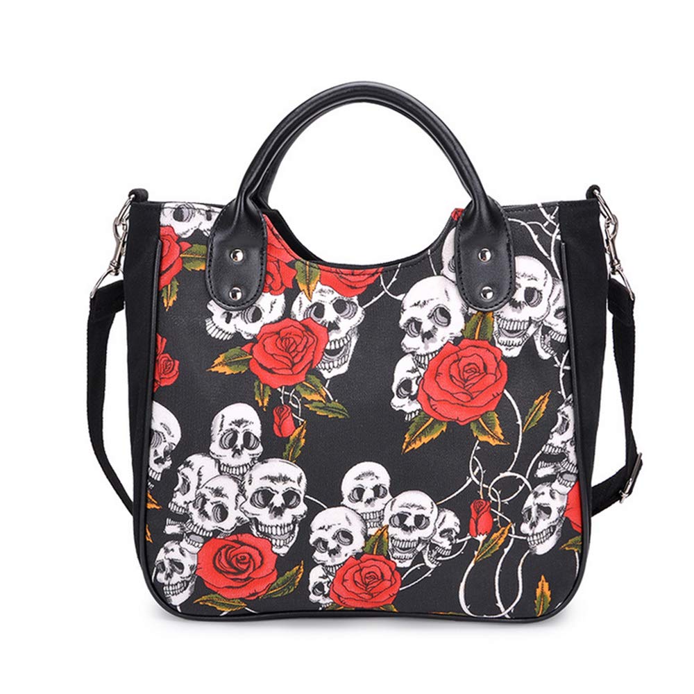 Chikencall® Cartoon Skull and Roses Shoulder Bag for Women Canvas Handbag Gothic Punk Tote Crossbody Bag