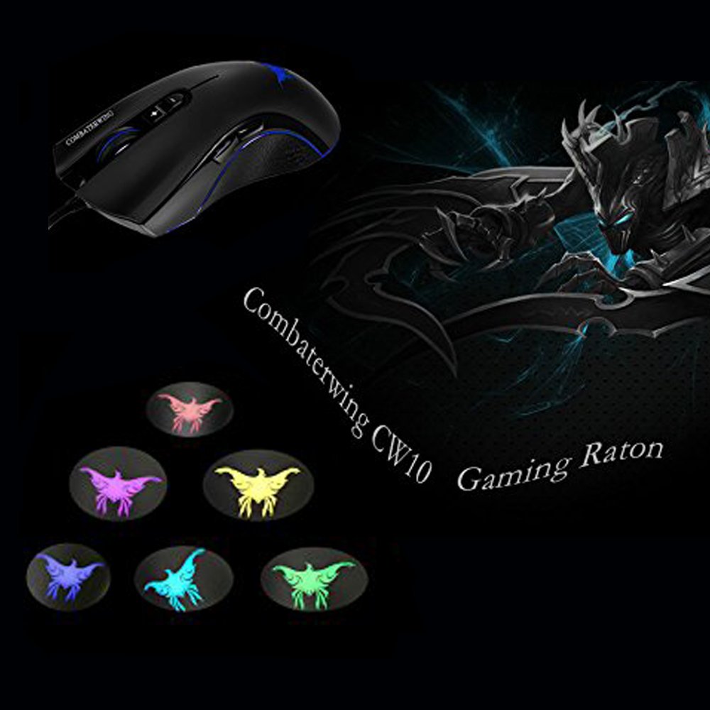 Combaterwing CW10 4800 dpi Wired Gaming Mouse Mice 7 LED colores cambiantes respiración diseño 6 botones de alta precisión para Gamer PC MAC(Negro)