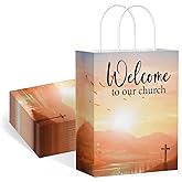 QIELSER 50 Pcs Church Welcome Bags Bulks 5.9x3.1x8.3 Inches, Small Size Welcome Gift Bags with Handles Welcome to Our Church Paper Bags for Hotel, Birthday, Party Favor Supplies, Baptism Guest