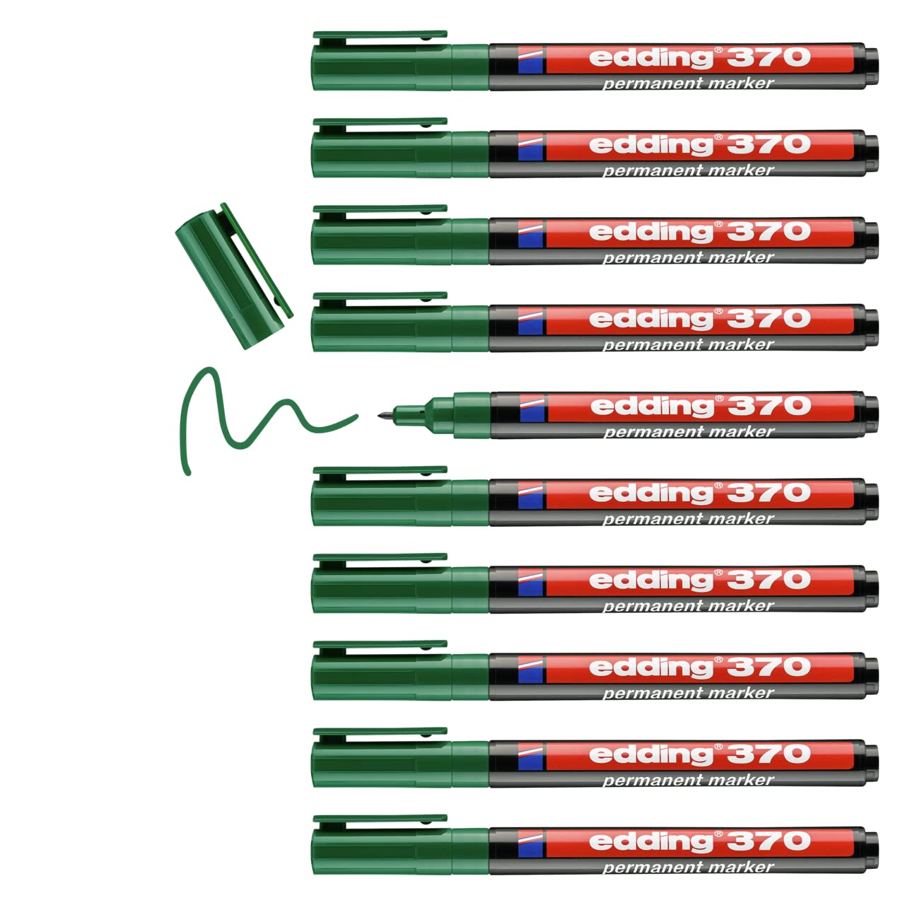 edding 370 - green - box of 10 - fine bullet nib 1 mm - waterproof, quick-drying - multi-purpose marker, universal pen - for cardboard, plastic, wood, metal, glass, pebbles, canvas