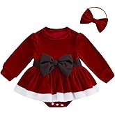Amnnchya Baby Girl Christmas Outfit Bow Velvet Long Sleeve Romper Dress Newborn Infant Baby Girls Fall Winter Clothes (Red White, 0-3 Months)