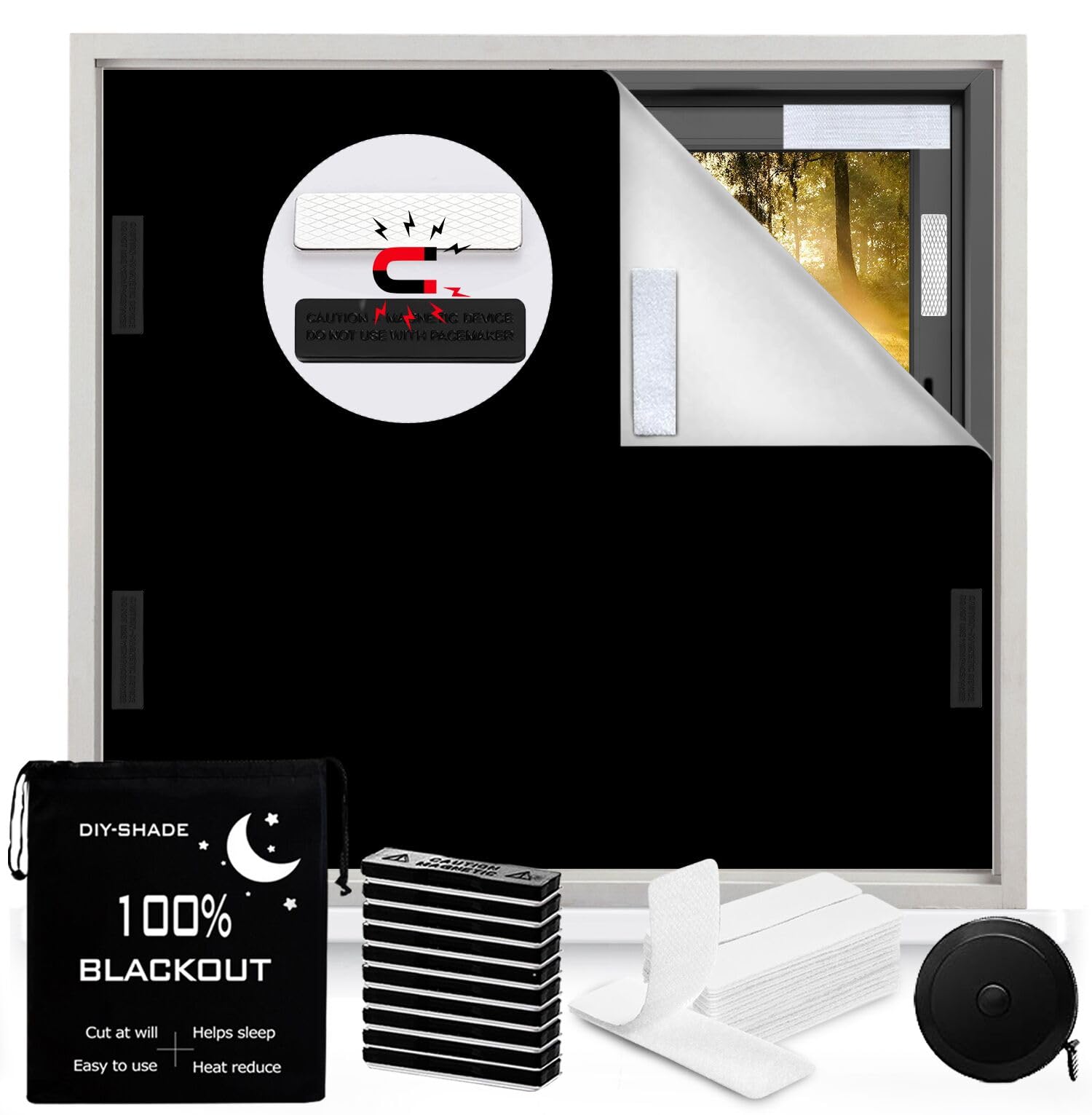 100% Blackout Blinds Magnetic Blackout Curtains 300 x145cm,Travel Portable Window Shades,DIY Cut No Drill Black out Window Cover for Nursery,Bedroom,Rv,Media Room with Magnet (Black)