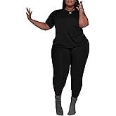 PINSV Women's Plus Size 2 Piece Outfits Tracksuits Short Sleeve Top Pants Sets Sweatsuits